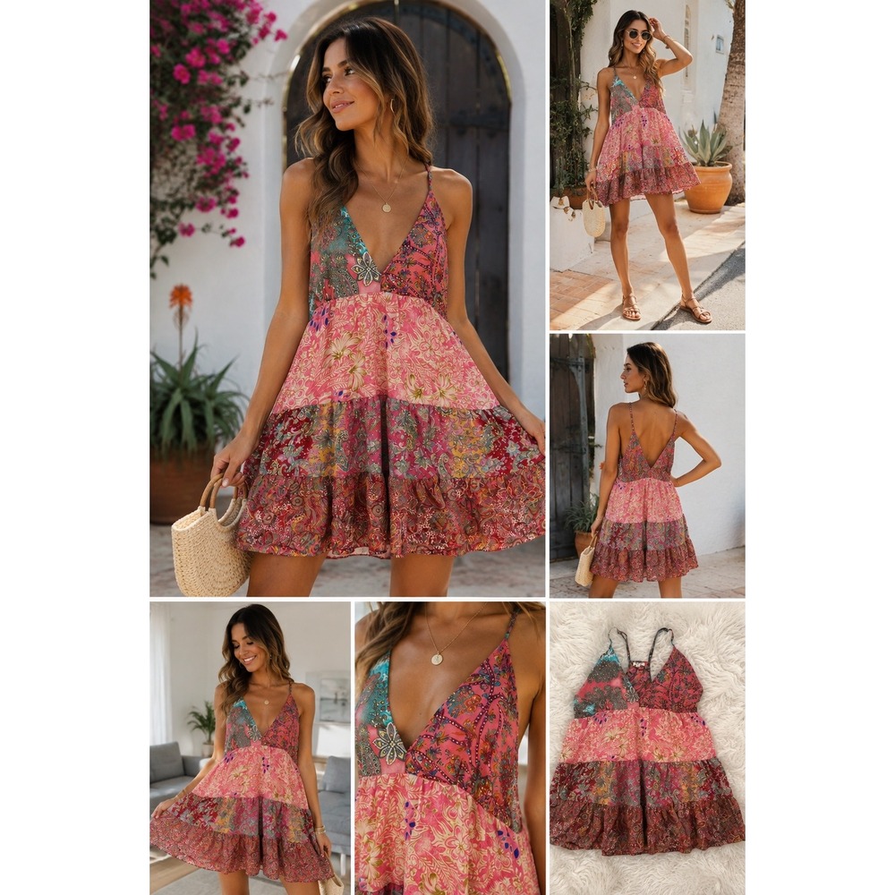 Paani Luv Mini Dress Womens L Pink Paisley Patchwork Tiered Boho Festival Pocket